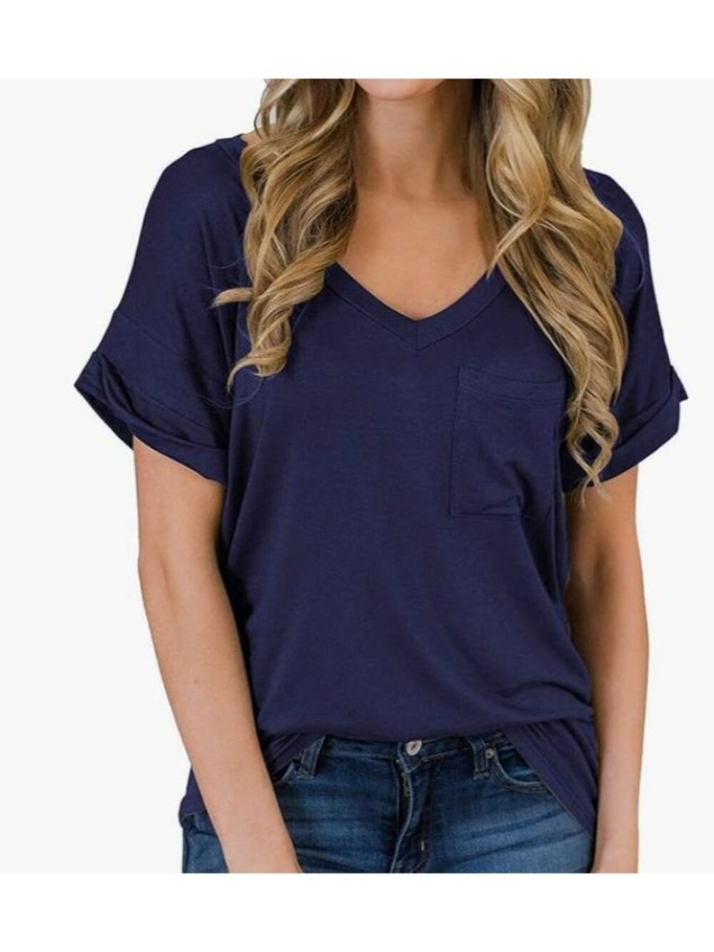 Miholl Vneck Tshirt Womens Large Navy Blue New Pocket Cuffed Sleeves